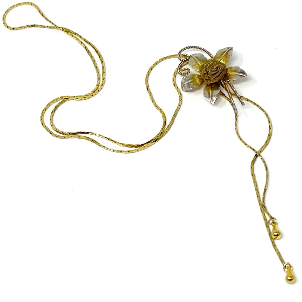 Elegant Vintage Flower Gold Silver Tone Lavalier Pendant Necklace